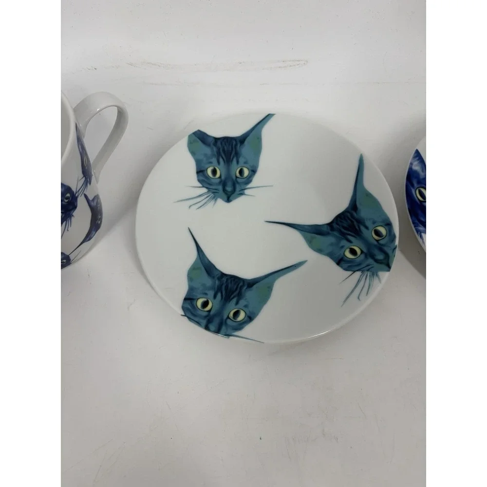 IKEA Katie Eary Designer Blue Cat Faces Breakfast Tea Cup & Saucer Mug 2016